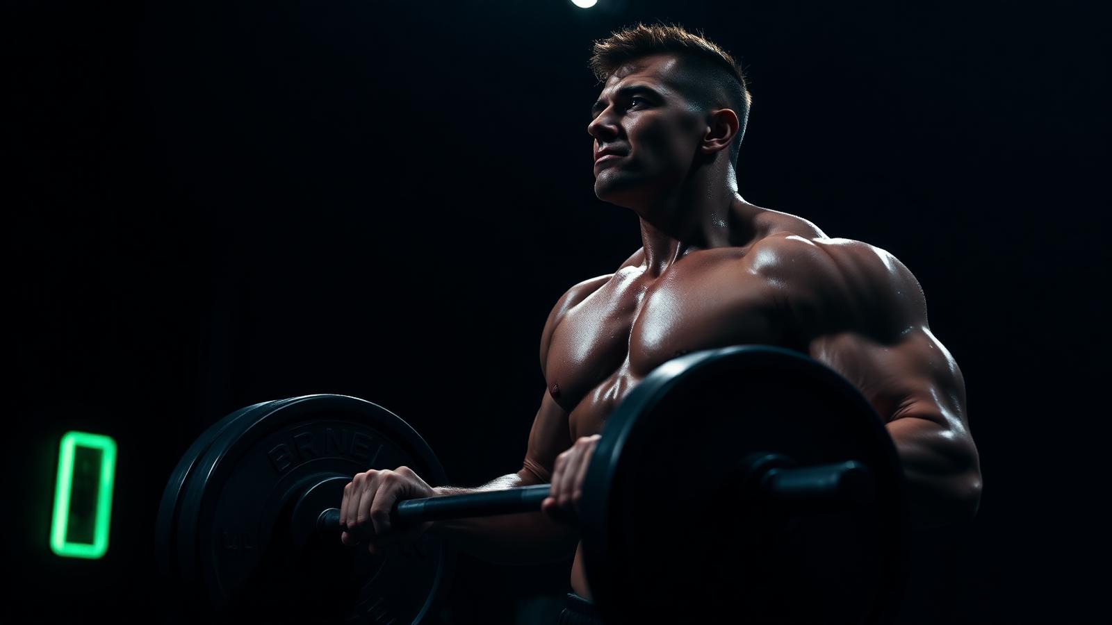 Athlete intensely lifting a heavy barbell in a dark gym